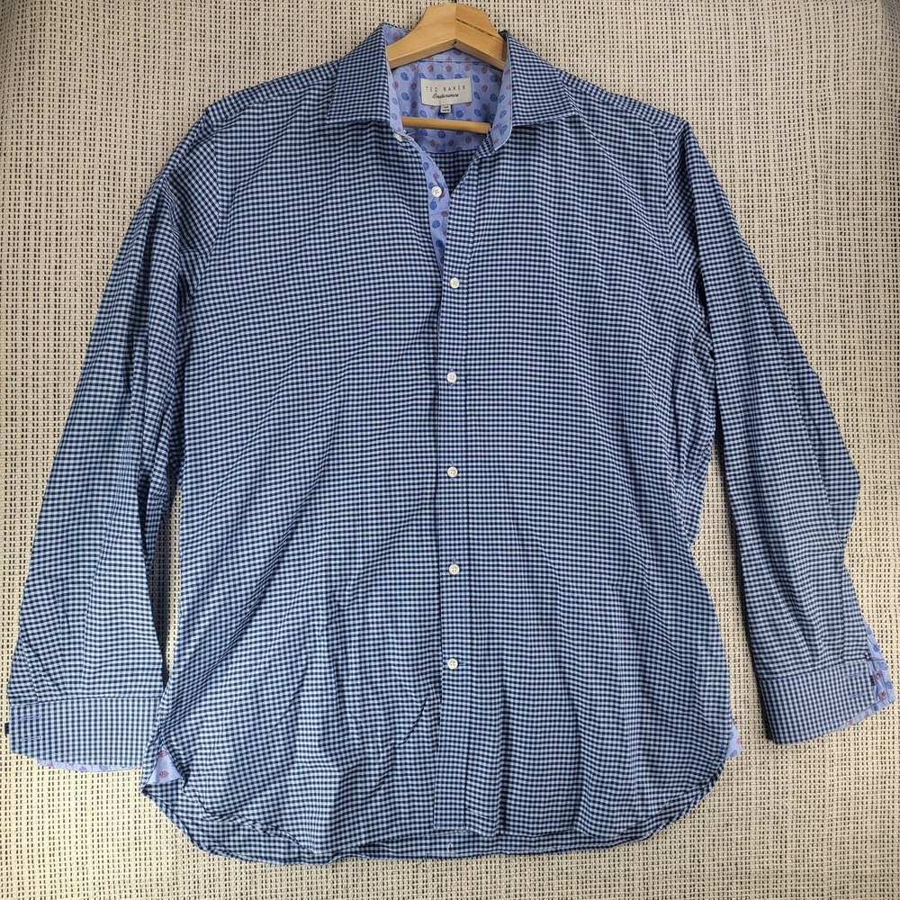 Ted Baker Endurance Shirt Mens 16.5‎ Large Blue Check Long Sleeve Dress Cotton